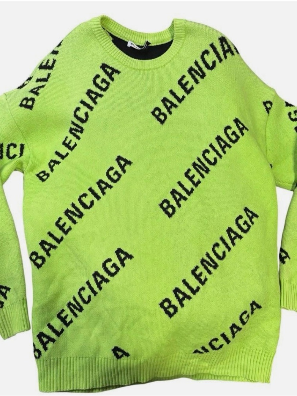 Balenciaga Men's Neon Lime Logo Crewneck Sweater